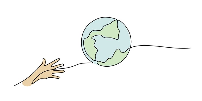 Hand cradling the Earth in continuous line drawing, symbolizing responsibility and environmental awareness. vector