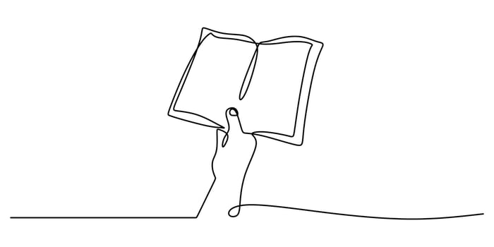 Hand holding an open book in continuous line drawing, symbolizing wisdom and personal growth. vector