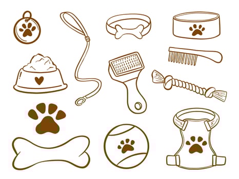 Pet Outline Food Toys And Accessories. A playful set of 12 pet outline icons including collars bowls paw prints leashes toys grooming tools and more in clean brown style. Perfect for pet themed design vector