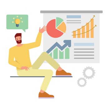 Business project concept. Businessman sitting and presentation plans on board character design. vector