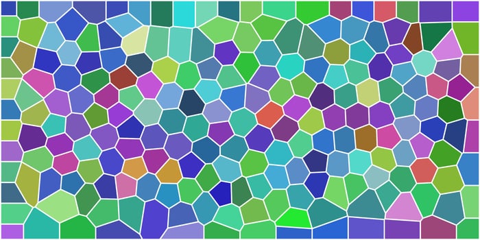 Colorful mosaic pattern made of irregular polygonal shapes in vibrant shades of blue, green, purple, and more, resembling stained glass art. vector
