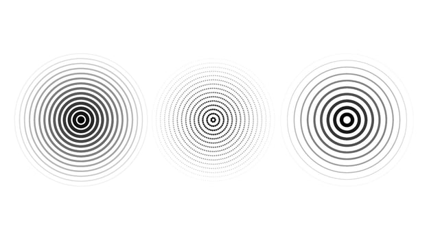 Concentric ripple circles set. Sonar or sound wave rings collection. Epicentre, target, radar icon concept. Radial signal or vibration elements. vector