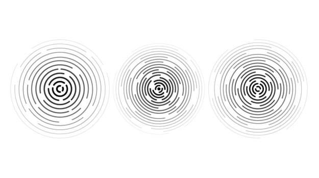Concentric ripple circles set. Sonar or sound wave rings collection. Epicentre, target, radar icon concept. Radial signal or vibration elements vector