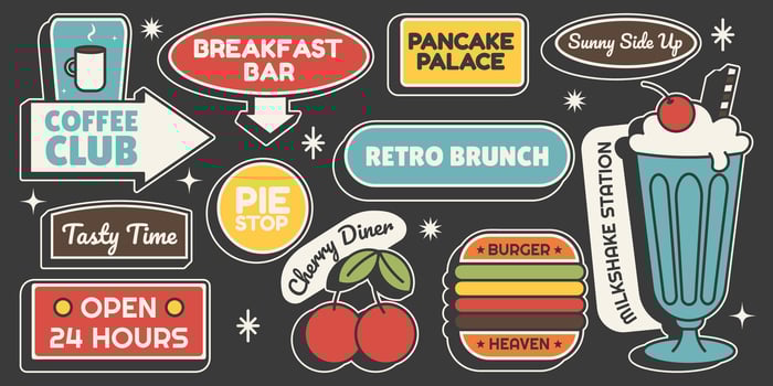 Set diner signs coffee, brunch, burger and dessert icons in retro Mid Century style. Stickers for food, cafe and restaurant design. illustration on black background vector