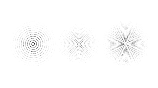 Faded concentric circles set. Dotted grainy rings set. Stippled gradient epicentre, radar or target concept . Grain noise sound wave. stochastic dot work vector