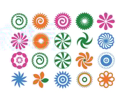 Colorful Spiral and Flower Designs Collection, Vibrant Swirls and Geometric Patterns for Crafting and Digital Art vector