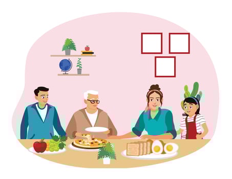 Happy grandparents eating and drinking together at the dining table. vector