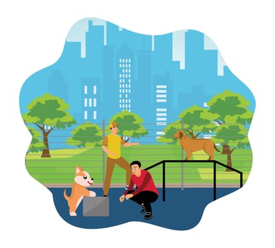 Man training dog at dog training place. vector