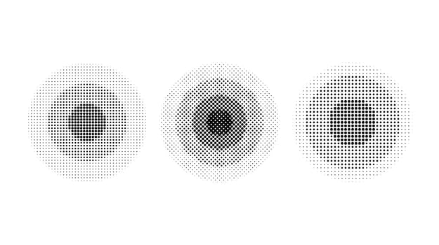 Halftone concentric circles set. Comic texture rings collection. Dotted round collection. Radial design elements. Epicentre, target, radar concept. Abstract background. vector