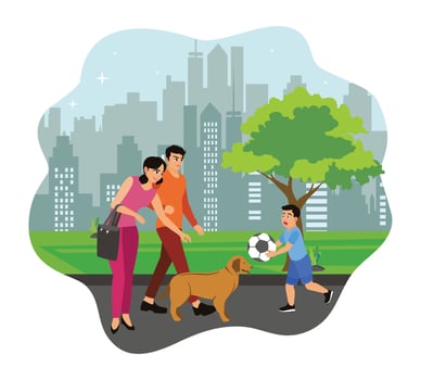 Family with dog in city park vector