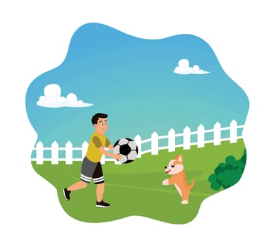 Boy playing ball with pet dog outdoors. vector