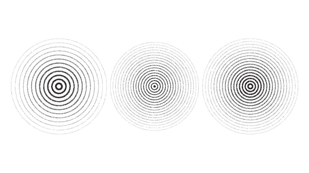 Texture concentric ripple circles set. Sonar or sound wave rings collection. Epicentre, target, radar icon concept. Radial signal or vibration elements vector