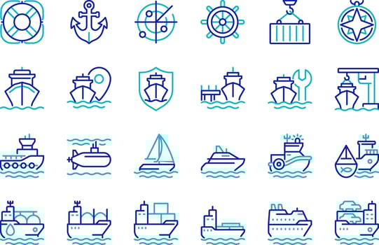 Maritime transport pixel perfect two color line icons set. Transporting goods via sea routes. Shipping by watercraft bicolor outline iconset isolated. Duotone pictograms thin linear. Editable stroke vector