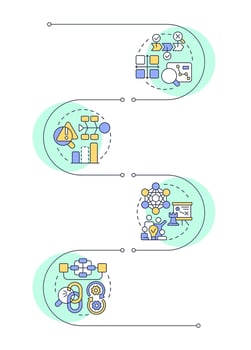 Tools of gap analysis infographic vertical sequence. Corporate maintenance. Identify potential. Visualization infochart with 4 steps. Circles workflow vector