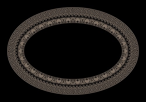 Gold oval frame with Greek ornament. Classic Greek key, wave, floral meanders. Patterns of Greece, ancient Rome. Greek key meanders. Round greek frame. Circle european border. Vitruvian wave. vector