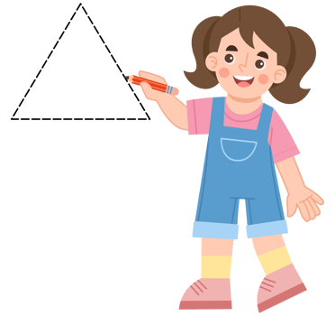 Illustration of a girl learning to trace a triangle shape. Illustration of geometric shapes png