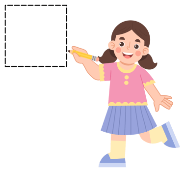 Illustration of a girl learning to trace a square shape. Illustration of geometric shapes png