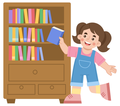 Illustration of cheerful girl taking a book from a bookshelf png