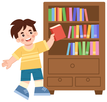 Illustration of cheerful boy taking a book from a bookshelf png