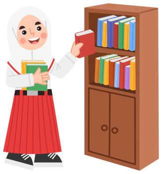 Illustration of an Indonesian elementary school hijab girl taking a book from a bookshelf png