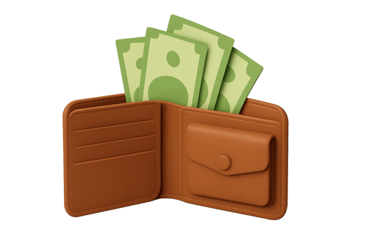 Open 3D Brown Wallet with Dollar Bills Sticking Out of It png