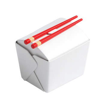 A white takeout box with red chopsticks isolated on transparent background png
