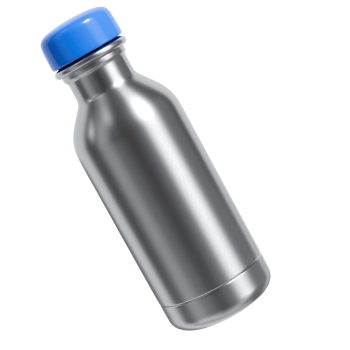 A sleek silver metal water bottle with a blue cap isolated on transparent background png