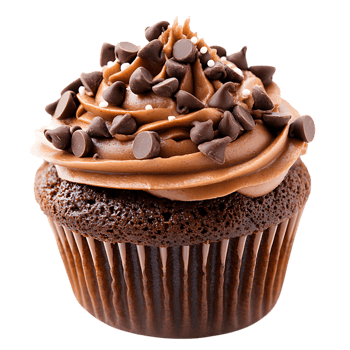 Decadent chocolate cupcake topped with rich frosting and chocolate chips isolated on transparent background png