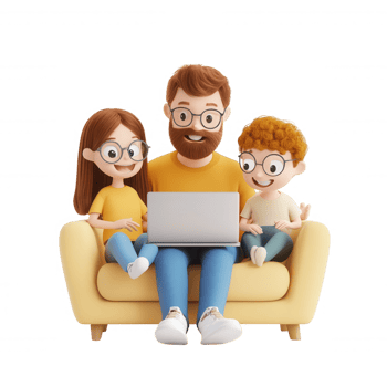 3d icon Family members relaxing on sofa, sharing laptop screen, smiling and bonding together transparent background png