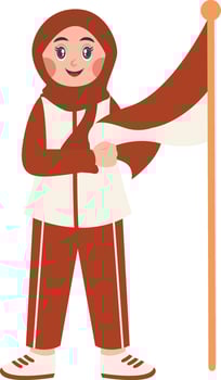 Hijab Girl Holding Indonesian Flag in Cartoon Design. Isolated on a White Background vector