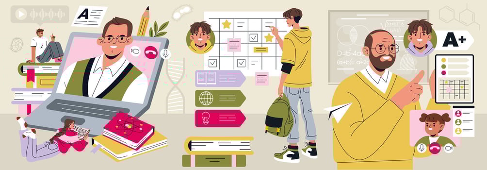 Online learning illustration with students and educators. vector