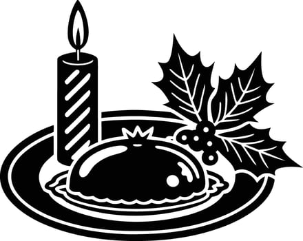 Black and white christmas holiday festive plate with candle holly and pudding illustration vector