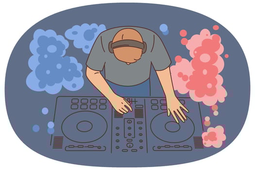 DJ at controls with colorful effects vector
