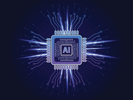 Brightly glowing AI chip on light circuit board on technology blue background. CPU processor or semiconductor on tech background. Computer microchip on motherboard. vector