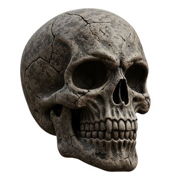 Realistic Cracked Skull with Detailed Texture and Dark Shadows png