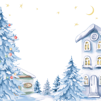 Square frame with winter houses. Isolated watercolor illustration on Christmas theme for decoration of New Year festivals, concerts, invitations, postcards, interior. png
