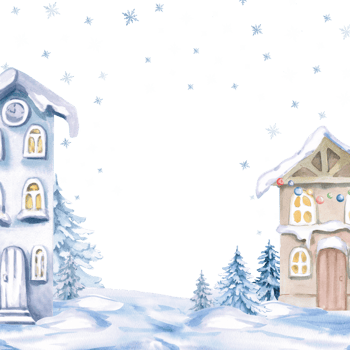 Square frame with winter houses and falling snow. Isolated watercolor illustration on Christmas theme for decoration of New Year festivals, concerts, invitations, postcards, interior. png