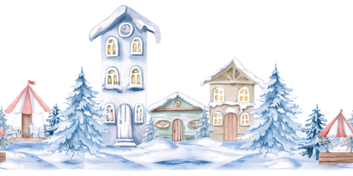 Seamless border with snow-covered houses. Isolated watercolor illustration on Christmas theme for decoration of New Year festivals, concerts, invitations, postcards, interior. png