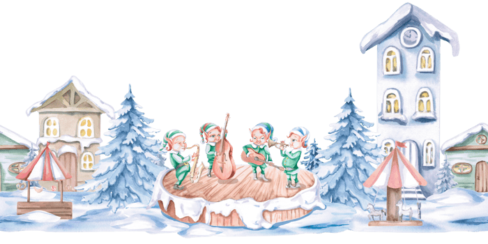 Seamless border with a quartet of elves and snow-covered houses. Isolated watercolor illustration on a Christmas theme for the design of New Year festivals, concerts, invitations, cards, interior. png