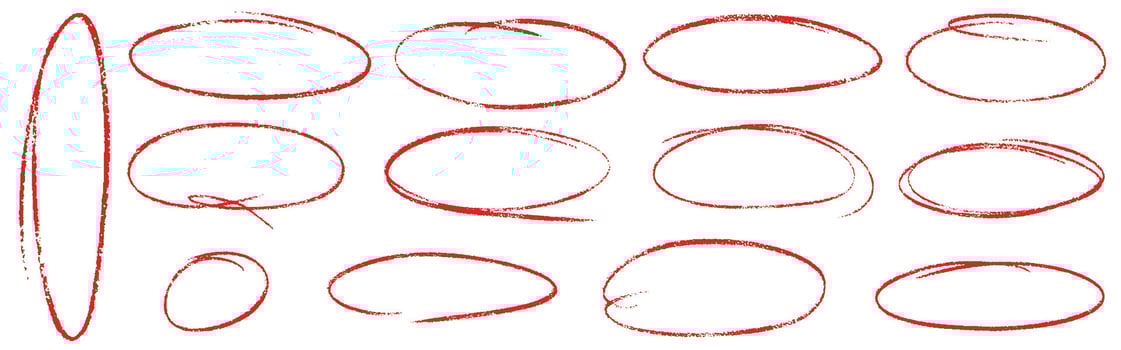 Hand drawn red crayon ovals and circles. Ellipses pencil doodle style set. Red round rough thin frames. Round freehand shapes, emphasis highlights. elements for hand drawn diagrams vector