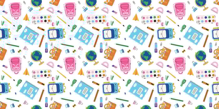 School supplies Seamless pattern. Stationery and equipment for learning in flat style. Education concept. Backpack, globe, pencil, notebook, stationery and books. Wallpaper banner, poster, background. vector