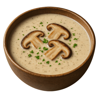 Creamy Mushroom Soup Delight in Wooden Bowl with Garnish png