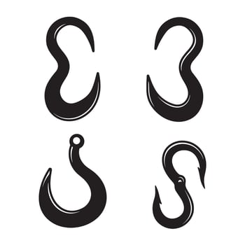 A stylized ornament set of four black and white fishing hooks on white background vector