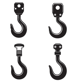set of four different style heavy duty crane hooks in black and white vector