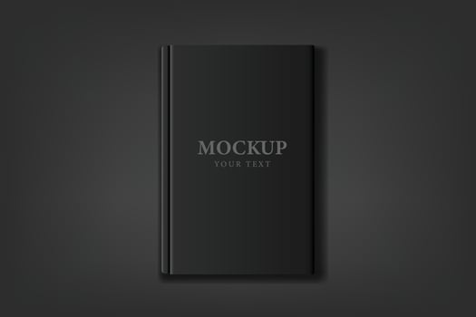 3d stylish black book mock up on dark black background. Blank black book cover front page template with copy space for your brand design. vector