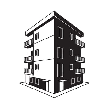 A modern black and white illustration showcasing an apartment building with balconies and a contemporary architectural design vector