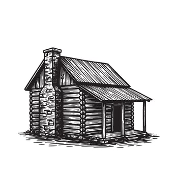 Rustic hand drawn log cabin illustration featuring wooden structure with chimney and porch design elements vector