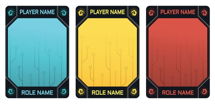 game card design template with modern robot theme and three color pack option for trading card game, player card collection vector