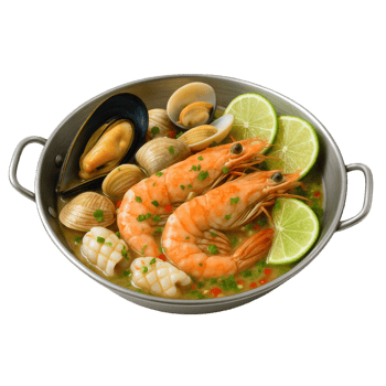 Steamed Seafood with Lime and Herbs in a Round Metal Dish png
