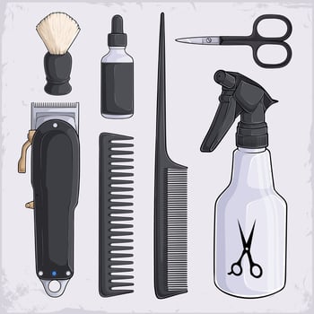 Hand drawn set of hairdressing tools, tail comb, eyebrow scissors, clipper, serum bottle, spray bottle and more vector